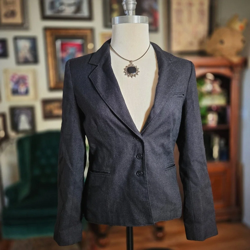 Vintage 70s Handmacher Womens Blazer Charcoal Gray Two Button Career Jacket Suit